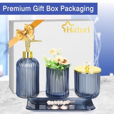 Haturi Bathroom Accessories Set, 4-Piece, Blue Glass - Complete Bathroom Accessories Set including Lotion Soap Dispenser, Toothbrush Holder, Apothecary Jar, Vanity Tray, Bathroom Decor, Gift for