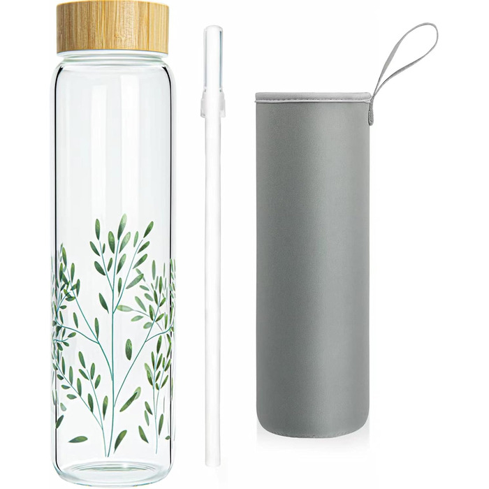 Glass Water Bottle 1L - Glass Water Bottle with Bamboo Lid 1 Liter (Green Leaves 1liter, 1000ml)