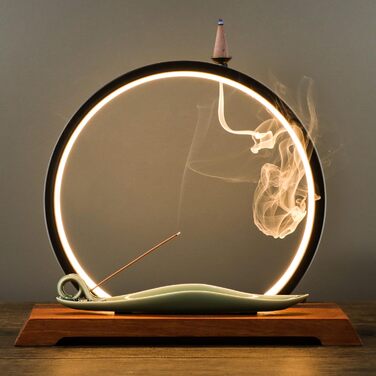 REAWOW Chinese Waterfall Incense Burner Incense Stick Holder with LED Light Incense Holder, Ceramic Incense Burner with 20 Incense Cones and 30 Sticks Incense