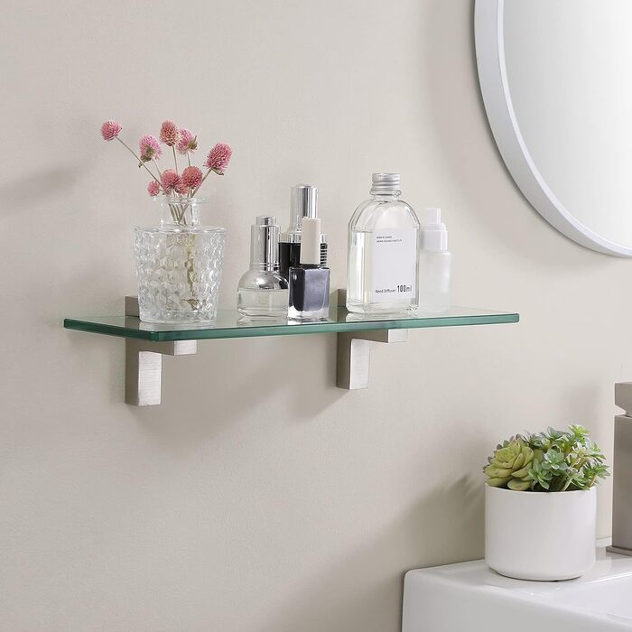 KES Shower Shelf for Hanging, Bathroom Shelf, Wall Shelf, Shower Glass Shelf, 8mm Shower Shelf, Bathroom Shelf, Tempered Glass with Shelf Supports 60cm Brushed Nickel, BGS3201S60-2 (40 CM, Brushed Nickel)