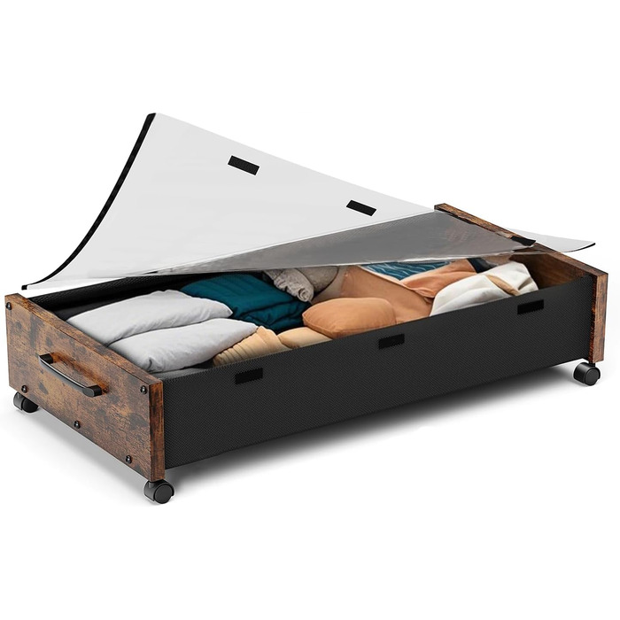 Комод під ліжко на колесах, 2 шт., дерев'яні контейнери для зберігання, великий розмір, органайзер під ліжко, ящики з прозорою кришкою, міцний для одягу (Вінтаж Коричневий-1)