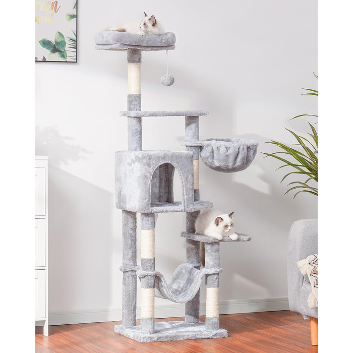 Котячий комплекс Hey-brother Kratzbaum 154 см з сизалевим мотузком, гамаком, будиночком та платформою, сірий EMPJ050W