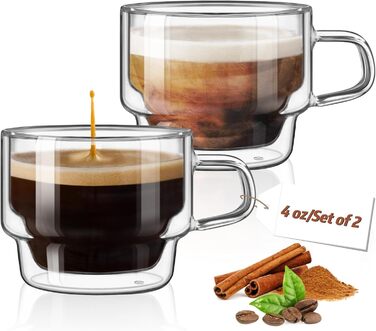 Glastal Stackable Glasses 120ml Espresso Glasses Double-Walled Espresso Cups Glass 2-Piece Set, Double-Walled Coffee Glasses Tea Glasses Espresso Cups Set for Tea, Milk, Gift for Women Men