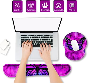 Підкладка під мишу та клавіатуру ergonomic ARTSO з підтримкою зап'ястя, Memory Foam, фіолетовий метелик