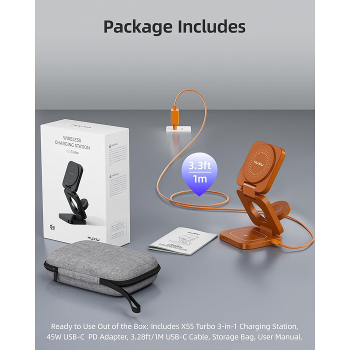 Зарядний пристрій KU XIU X55 Turbo Qi2.2 25W Magsafe 3-в-1: для Apple Watch, iPhone 17-12 та AirPods, помаранчевий
