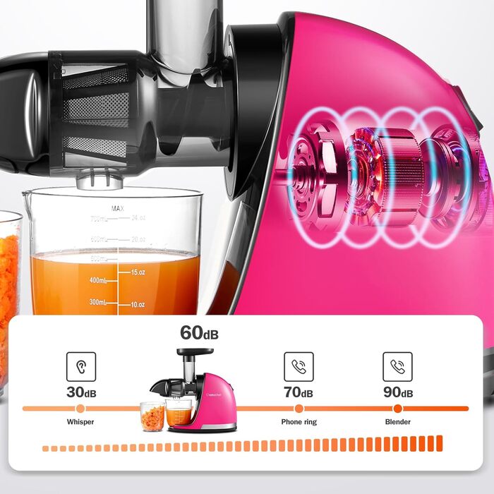 AMZCHEF Juicer for Vegetables and Fruits - Test Winner - Slow Juicer with Reverse-Mastication Function - Gentle Crushing without Filtering - Electric Juice Press with Brush and 2 Cups - Magenta