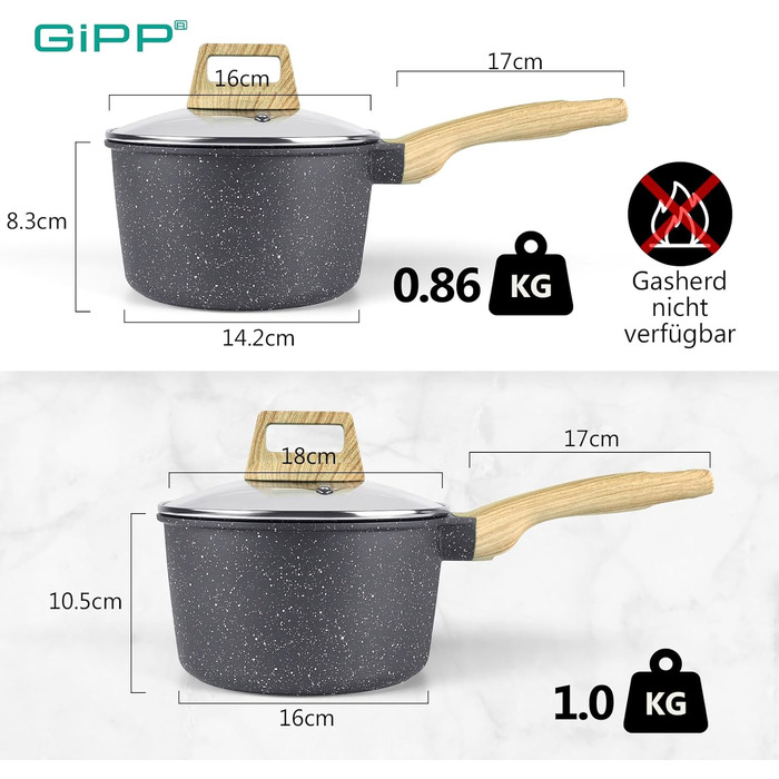 Каструля GiPP з кришкою, 16+18 см, з нержавіючої сталі, з антипригарним покриттям з граніту, з бакелітовою ручкою, для приготування соусів, молока, каші, сумісна з індукційними плитами, PFOA-free
