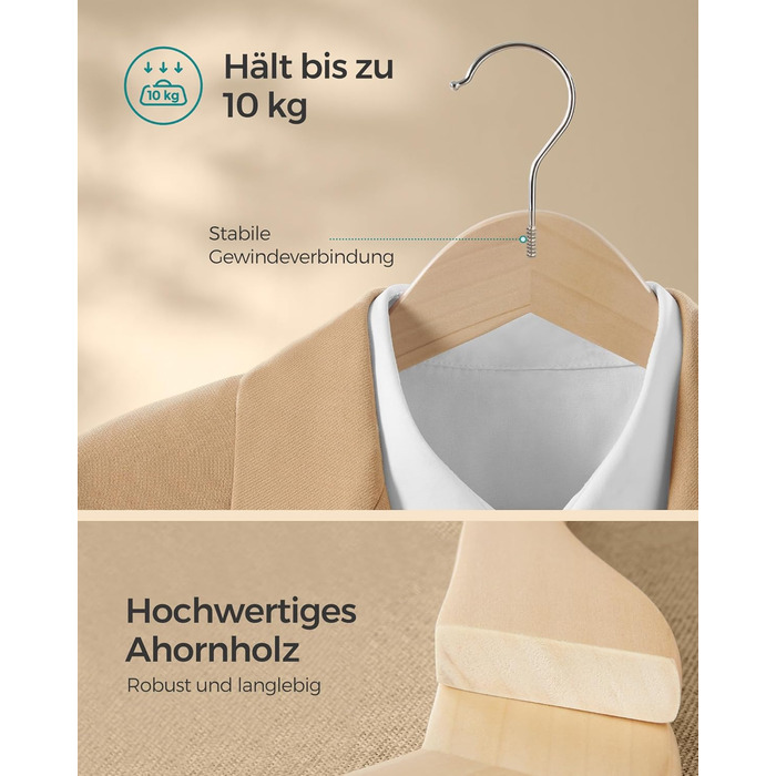 SONGMICS Wooden Clothes Hangers, 36-Piece Set, Wooden Hangers, Shoulder Indentations, Trouser Bar, Trouser Hanger, 360° Swivel Hook, for Jackets, Shirts, Coats, natural beige CRW010N36
