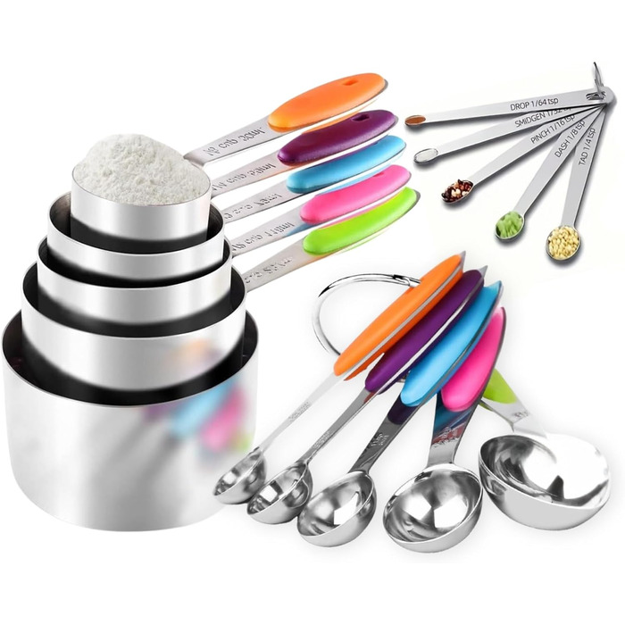 Stainless steel measuring cups and spoons, set of 15 measuring cups, 5 measuring spoons, and 5 small spoons, nesting metal measuring cup set with colorful silicone handles for cooking and baking