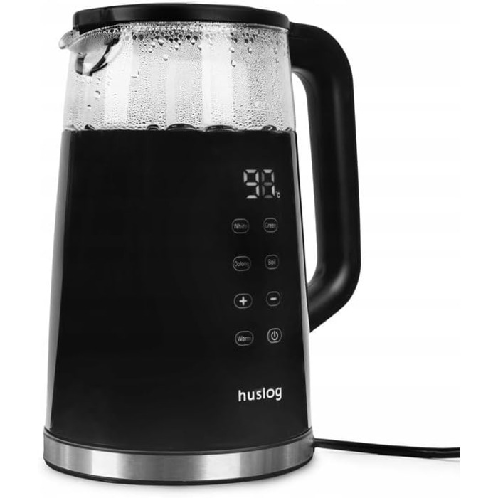 Електричний чайник 1.7л зі скляним корпусом та сенсорним дисплеєм, 2200W, регулювання температури (40–100°C), 5 програм, функція підігріву, нержавіюча сталь, бездротовий