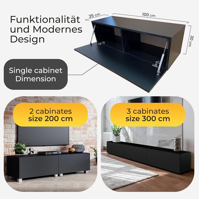 4housedesign® TV Board Lowboard Hanging | TV Cabinet Sideboard Living Room | Lowboard Living Room TV Shelf TV Board Hanging TV Cabinet TV 55 Inch - TV Lowboard Black Matt 100cm