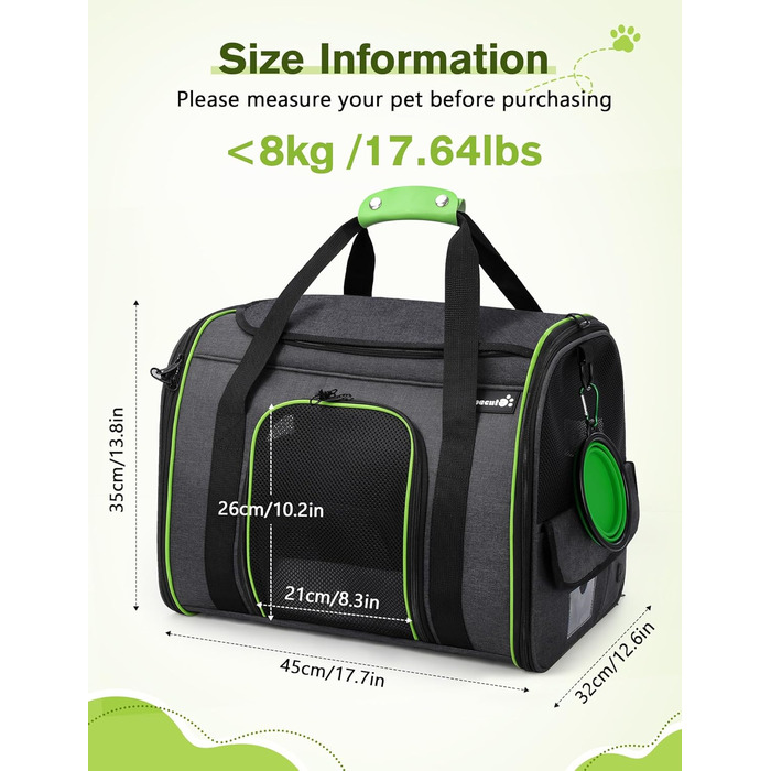 Транспортна переноска для котів Pecute, переноска-ліжко для тварин, складана переноска-сумка для котів та собак, переноска для собак з регульованим плечовим ременем, XL (45 x 35 x 32 см), темно-сірий + зелений (з подушкою)