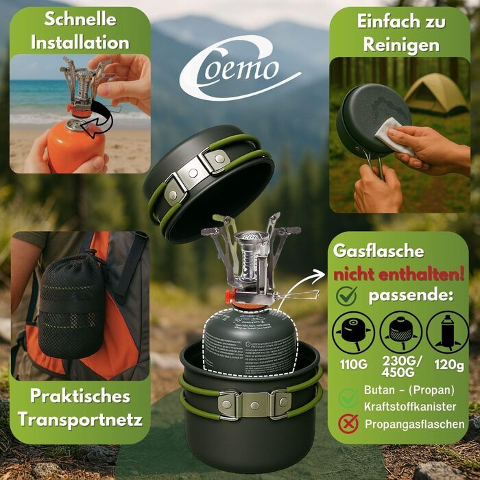 Набір кухонного посуду для кемпінгу Coemo 7 предметів з пальником - набір для приготування їжі на відкритому повітрі з каструлею, сковородою, столовим приладдям та чашкою, зелений M