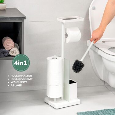 Набір для туалету Eluno Stand-WC 4 в 1: підставка, щітка, 2 змінні насадки, тримач для туалетного паперу на 3 рулони, полиця, скляна та металева поверхня (білий)