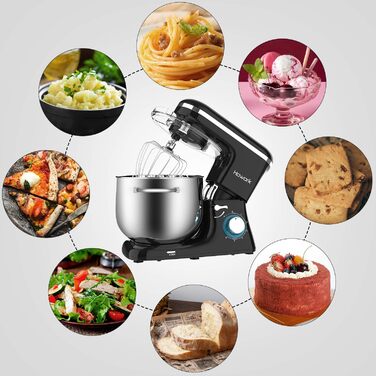 Кухонна машина Howork Knetmaschine: потужна 1500W, 8L, нахильна чаша, 6 швидкостей, міксер, гак для тіста, сплітштор, чорний