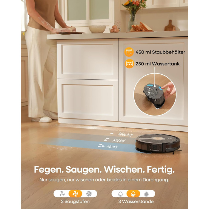 Робот-пилосос з функцією миття 5000Pa, 3-в-1 з часом роботи 180 хв, для тварин, з керуванням через додаток, чорний