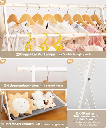 Дитяча вішалка для одягу Yorbay з бамбука, подвійна регульована штанга, полиці для зберігання, біла
