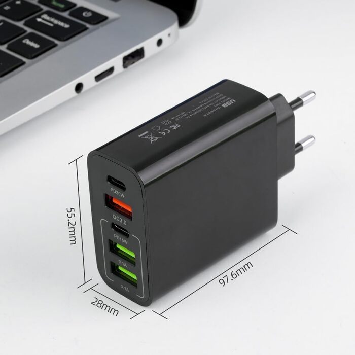 Мережевий адаптер AXFEE 65W 5-портовий з USB-C та USB-A, швидка зарядка PD 3.0, чорний