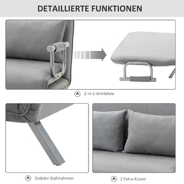HOMCOM 2-Seater Sleeper Sofa with Bed Function & Cushion, Adjustable Sofa, up to 150kg, Light Grey | Aosom