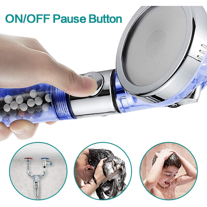 MIAOHUI Blue Eco Filter Showerhead with Ion Filter and Scale Filter, Pressure Boosting Hand Shower, Water-Saving with Filter Equipped, Hose, Holder, PP Cotton, Pack of Filter Balls, Panel