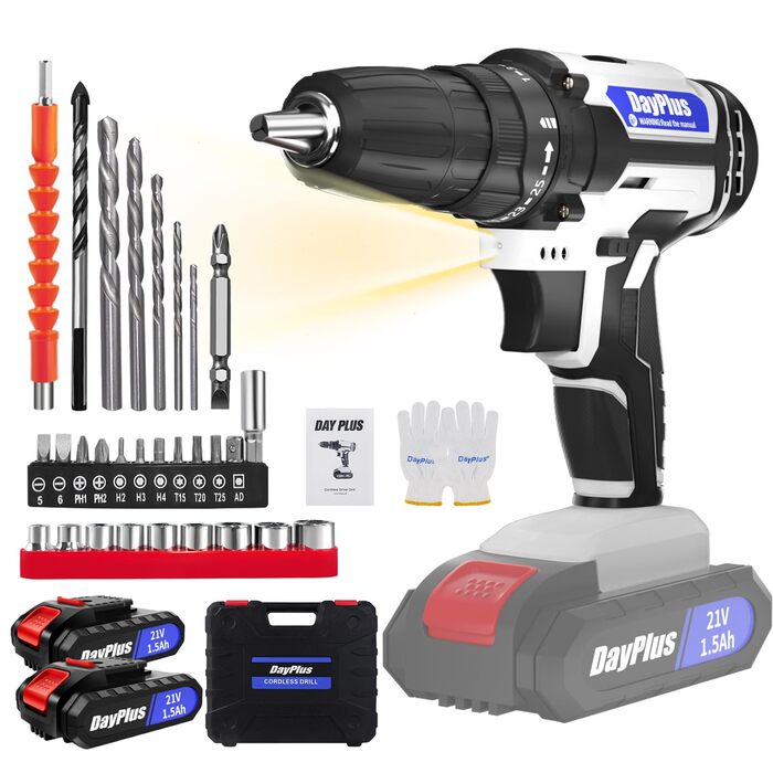 Акумуляторний шуруповерт 21V Set, Білий: комплект з акумулятором 1.5Ah, зарядним пристроєм, 26 аксесуарів, 45Nm крутний момент, 25+1 ступенів, LED-ліхтар, для ремонту та DIY