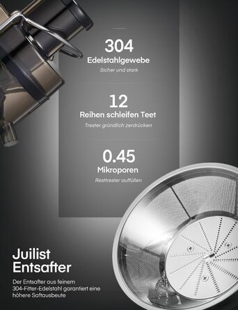 Соковитискач JUILIST для овочів та фруктів, 65 мм завантажувальний отвір, 3 режими, з щіткою для чищення, легко миється (чорний)