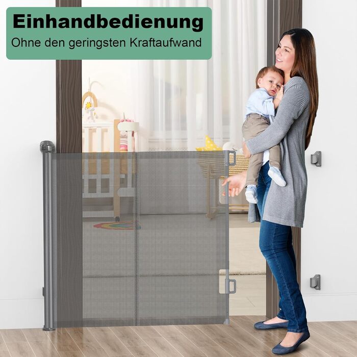 Retractable Baby & Pet Gate with Lock - 150cm Wide, 83cm High - Automatic Locking, Grey