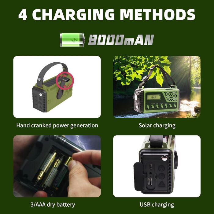 Радіо з ручкою OBEST з акумулятором 8000mAh, USB-зарядкою, компасом та дисплеєм, сонячне та ручне радіо для надзвичайних ситуацій, FM-радіо, ліхтар та світло для читання, SOS-сигнал, для кемпінгу, надзвичайних ситуацій та відключень електроенергії, чорний