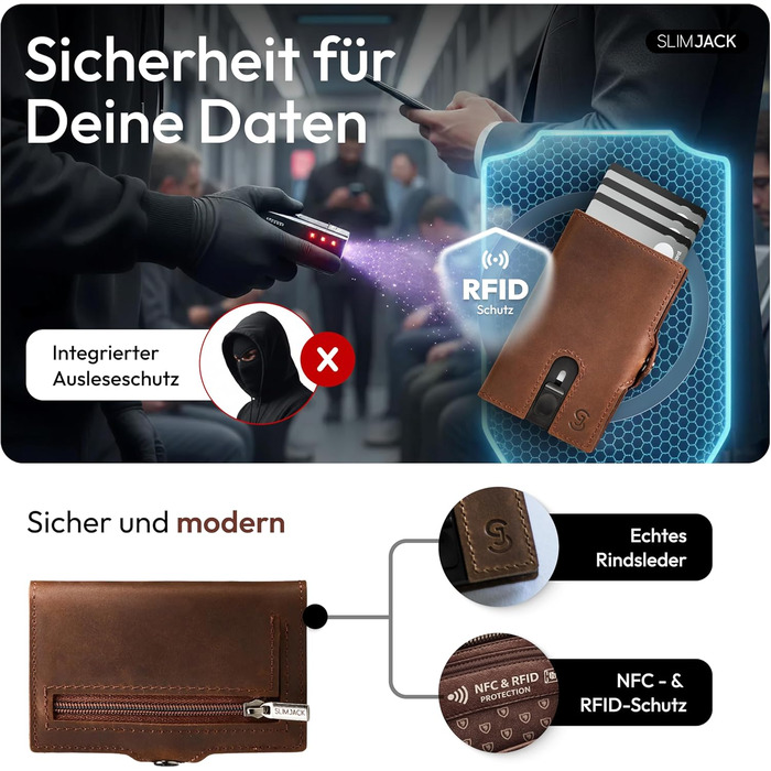 Slimjack Смарт-гаманець з відділенням для монет RFID захистом - чоловічий алюмінієвий картхолдер для карт та монет, темно-коричневий