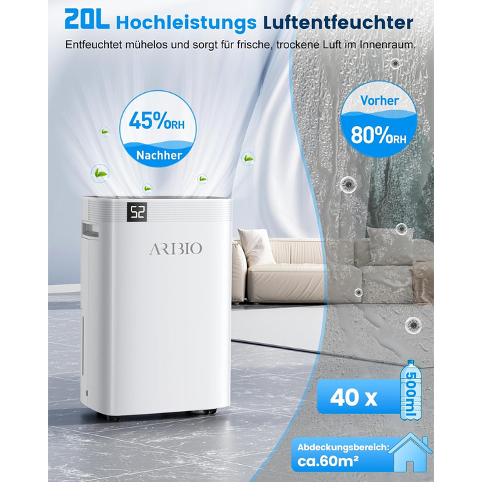 Електричний осушувач повітря 20 л/день з LED-дисплеєм, таймером та функцією відтавання, для квартир, ванних кімнат та підвалів