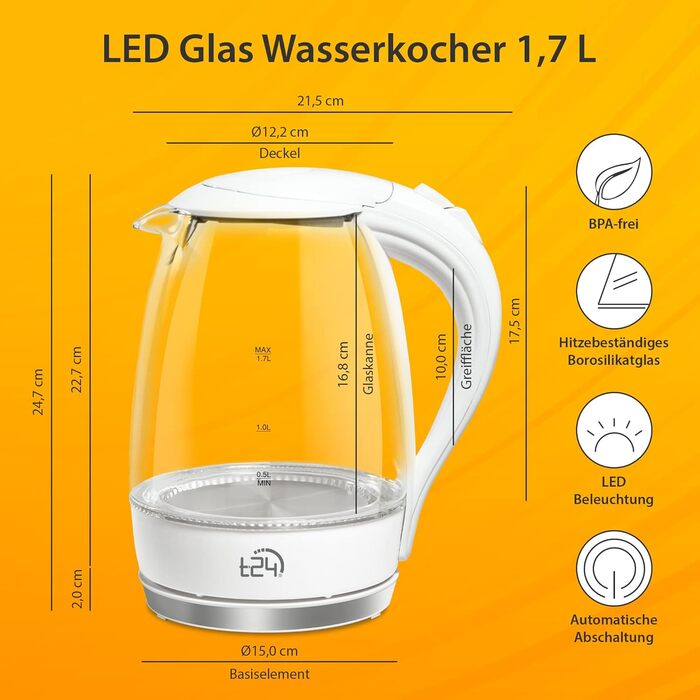 Скляний електрочайник T24 79020 з LED-підсвіткою, 1.7 л, 2200 Вт, захист від википання, без BPA, білий
