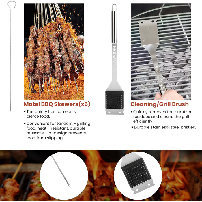 Набір гриля AWOOM 20 предметів: шампури, щипці, лопатка, щітка | З гриль-кофром | Для барбекю, кемпінгу та вечірок