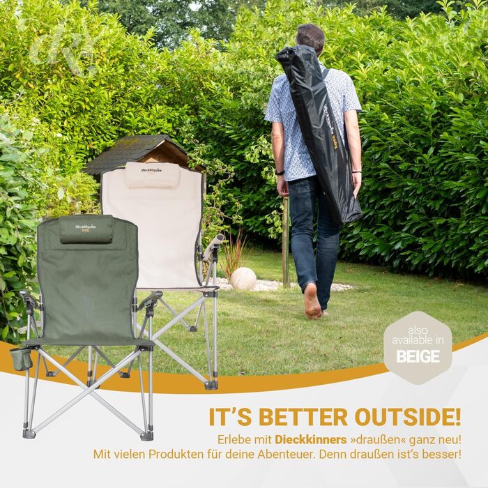 Крісло кемпінгове Dieckkiners Ehlin, сталеве, складане, з високою спинкою (3 положення), для балкона, саду, тераси, зелене