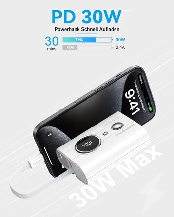 Power Bank AsperX 10000mAh з PD 30W, USB-C, білий. Швидка зарядка для iPhone 15/14, iPad. Компактний акумулятор