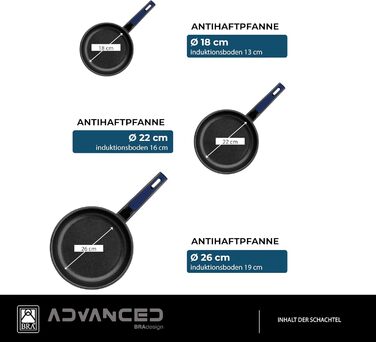 BRA Advanced | Set of 3 non-stick frying pans made of cast aluminum, 20|24|28 cm, PFOA-free, reinforced, excellent performance and scratch resistance, suitable for induction (Frying Pan Set (18-22-26 cm))