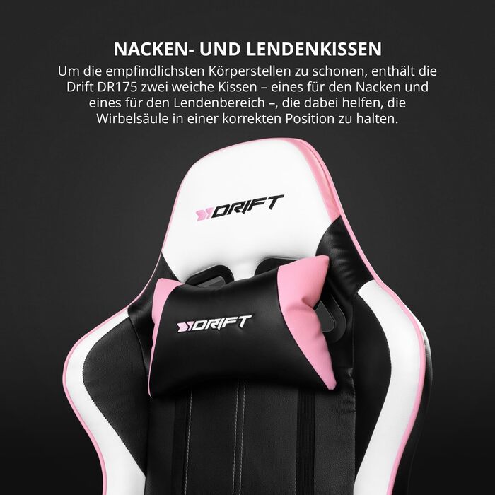 Геймерське крісло DRIFT DR175PINK: професійне, чорно-рожеве, зі штучної шкіри, з регульованими підлокітниками 2D та газліфтом класу 4