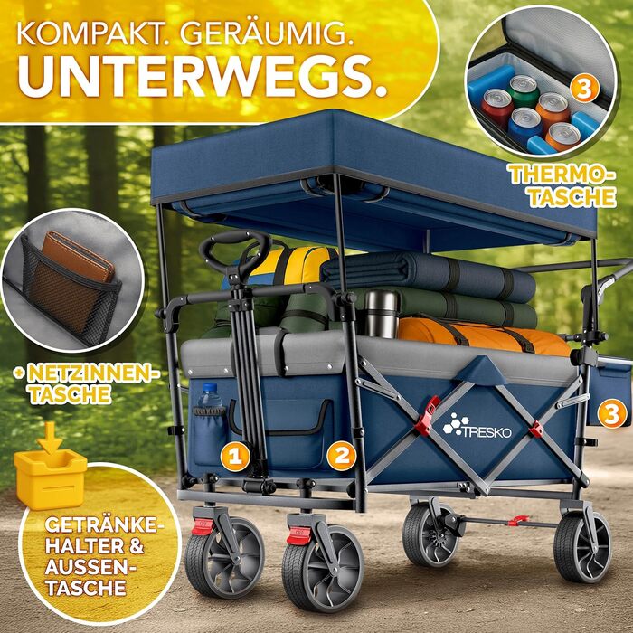 TRESKO® Розкладний візок-валіза з дахом, кишенькою-холодильником та боковими шторами | Валіза-візок, вантажопідйомність до 150 кг | Візок для перевезення з повного гумового покриття та гальмами (передні та задні) та 3-точкова стрічка (Зелений) (Синій)