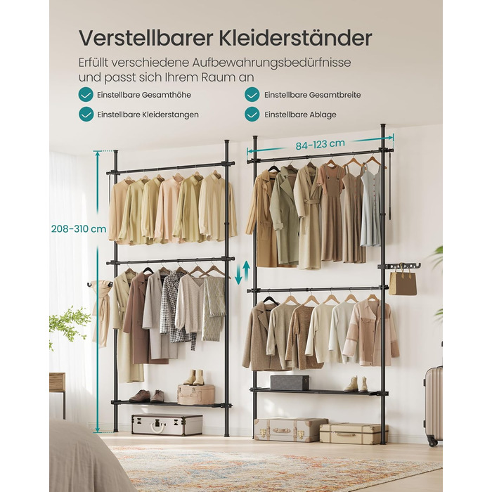 SONGMICS Telescopic Rod Clothes Rack, 3-Tier Wardrobe, Height and Width Adjustable, Open Closet with 2 Clothes Rods and Removable Shelf, Gripper Arm, Matte Black HSR136B01