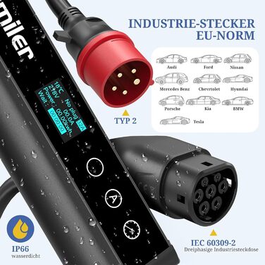 Wallbox 11 кВт з додатком, 400V (8-16A) трифазний, мобільна зарядка 7M, кабель CEE Typ 2, IP66, OLED, для електромобілів Model Y/3, ID.3/4/5, MG4, Zoe та інших PHEV/EV, 22 кВт, 32A, CE&TÜV