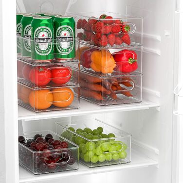 FINEW Refrigerator Organizer 12-Piece Set (4 Small, 4 Medium, 4 Large), Stackable Refrigerator Containers, Transparent Storage Boxes for Kitchen, Pantry, Cabinets, Sink, Bathroom - BPA Free (8 PCS - 4 Medium / 4 Large)