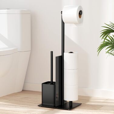 Stainless Steel Toilet Paper Holder with Brush - Standing Toilet Paper Roll Holder & WC Brush Set with Glass Shelf (Matte Black)