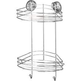 WENKO Vacuum-Loc Corner Shelf 2 Tiers Chrome, Shower Shelf with 2 Levels and 2 Hooks, Drill-Free Attachment with Vacuum, Chrome-Plated Metal, 24.5 x 41 x 16 cm