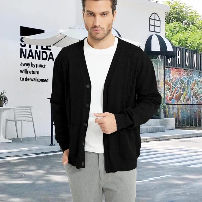 Чоловічий кардиган з в'язаного полотна, чорний, XL. Зручний чоловічий пуловер з V-подібним вирізом, довгі рукави, з кнопками та кишенями. Ідеальний для зими.