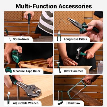 Набір акумуляторної дрилі DEKO 12V: 238 штук інструментів у кейсі. Акумуляторний дриль-шуруповерт для дому, жінок та базового ремонту. Зелений.