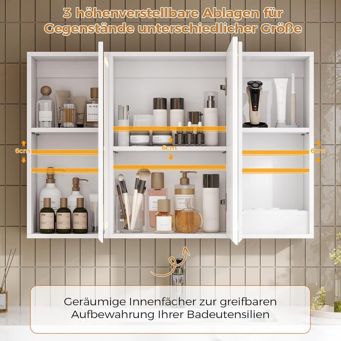 Дзеркало-шафка для ванної кімнати з LED-підсвічуванням, розеткою та 3 колірними температурами. Ванна шафка 60x90x16 см (ВxШxГ), з регулюванням яскравості + сенсорне керування. Біла дзеркальна шафка з 3 регульованими полицями та дзеркалом 60x90x16 см