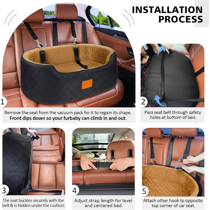 Dog Car Seat for Medium/Large Dogs (up to 25kg) or 2 Small Dogs - with Safety Leashes & Washable Cushion - Rear Seat Cover (Brown/Gray)