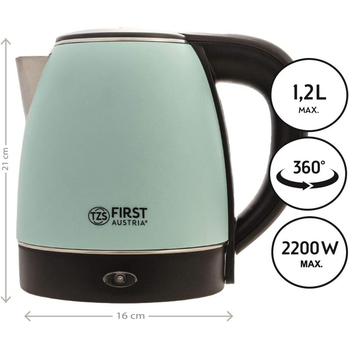 Електричний чайник First Austria Edelstahl, зелено-чорний, 2200W, 1.2л, 20см, з фільтром від накипу, захистом від сухого кипіння, бездротовий