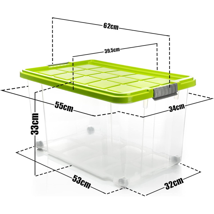 BigDean 2-Pack 60L Storage Boxes with Lid, Large Transparent - Stackable, Robust Box, BPA-Free - Rollable Stack Box with Secure Click Closures - Made in Germany (Green)