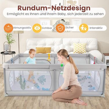 DREAMADE 200 x 140 cm Baby Playpen, Playard with 50 Balls & Carry Bag, Crawling Fence for Children for Indoor & Outdoor Use (Gray Underwater World, without mattress) Gray Underwater World without mattress