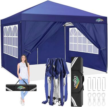 COBIZI Pavilion 3x3 Waterproof Folding Pavilion with 4 Side Panels Outdoor Folding Pavilion Stable UV Protection 50+ Pop-Up Garden Pavilion Party Tent for Outdoors, Garden, Party, Wedding, Market (3x3m Navy Blue)
